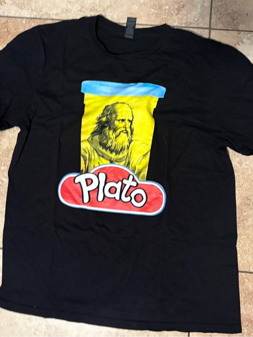 Gildan Black T-Shirt with Red, Yellow & Blue Plato Graphic